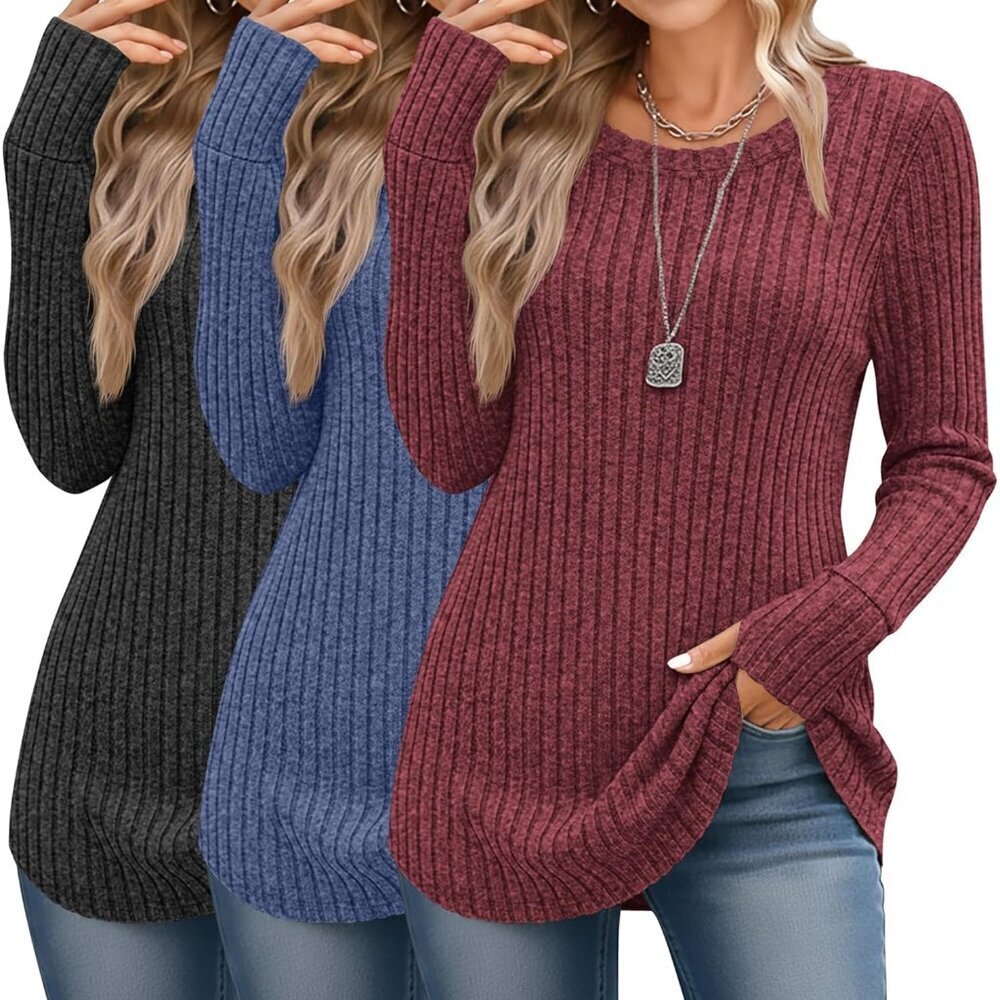 3 Pack Women's Lightweight Long Sleeve Sweaters Crew Neck Thumb Holes